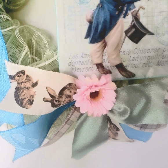 Victorian Gentleman Easter Bunny Wreath Rabbit Deco Mesh Bows Greens Blues Pinks - Picture 5 of 8